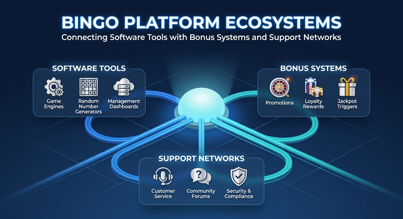 Overview of interconnected bingo platform components including software interfaces and network diagrams