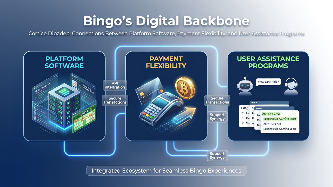 Diagram showing integration of bingo platform software with payment systems and user support tools
