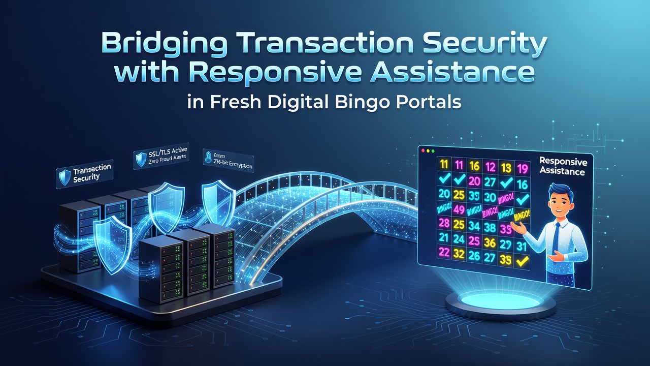 Digital bingo platform interface showing secure transaction icons alongside live chat support features