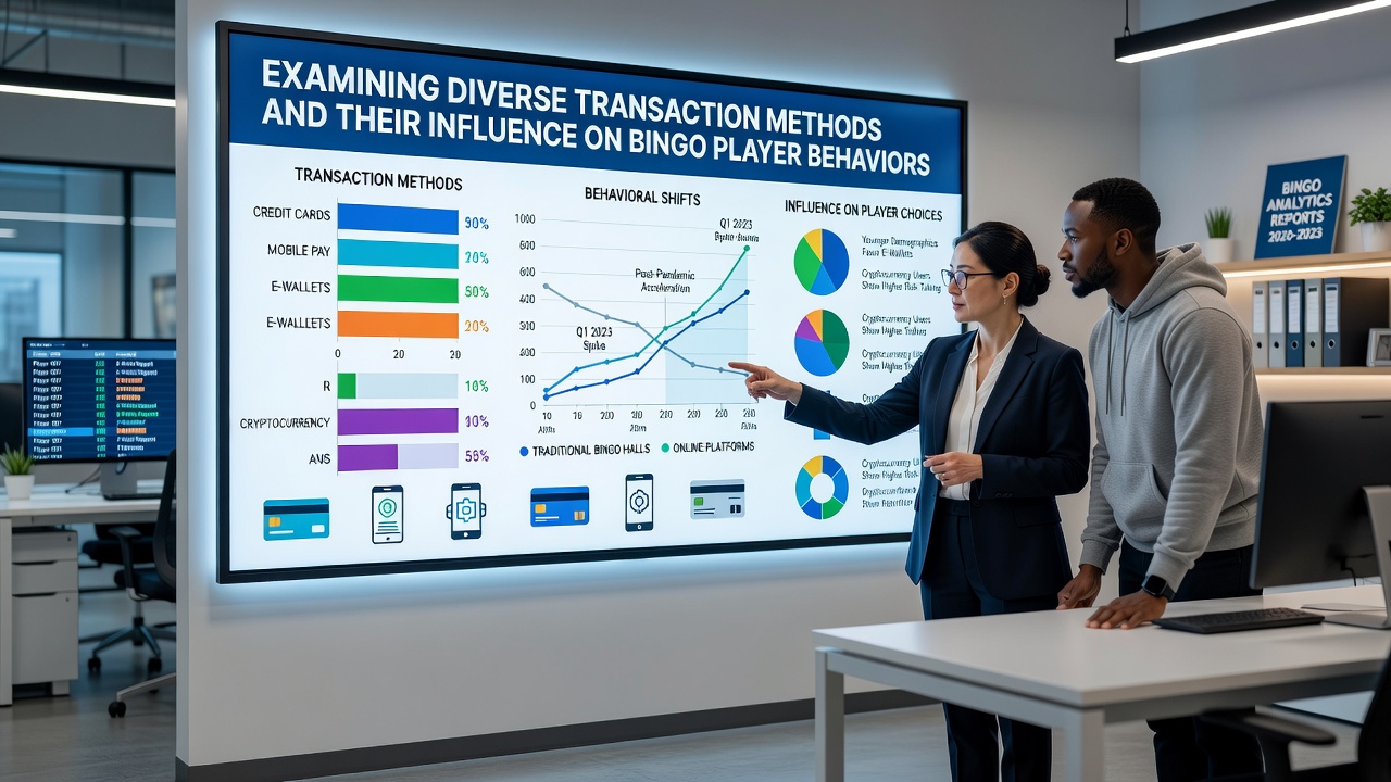 Bingo players reviewing transaction histories on mobile devices in a modern gaming environment