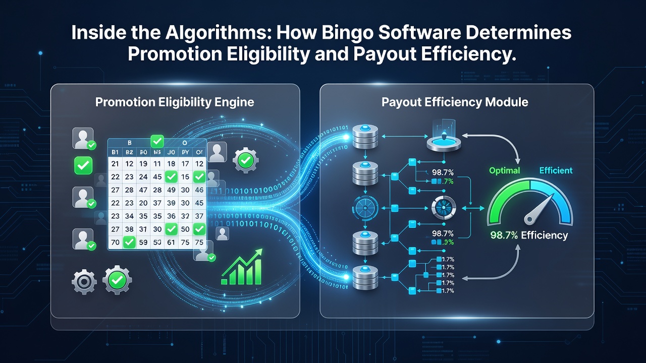 Bingo software interface displaying algorithm-driven promotion tracking and payout metrics on a digital dashboard