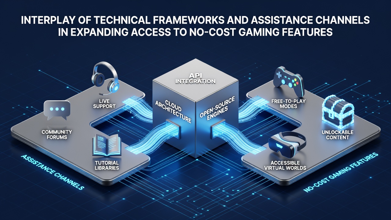 Illustration of interconnected technical frameworks supporting free gaming platforms with assistance channels highlighted