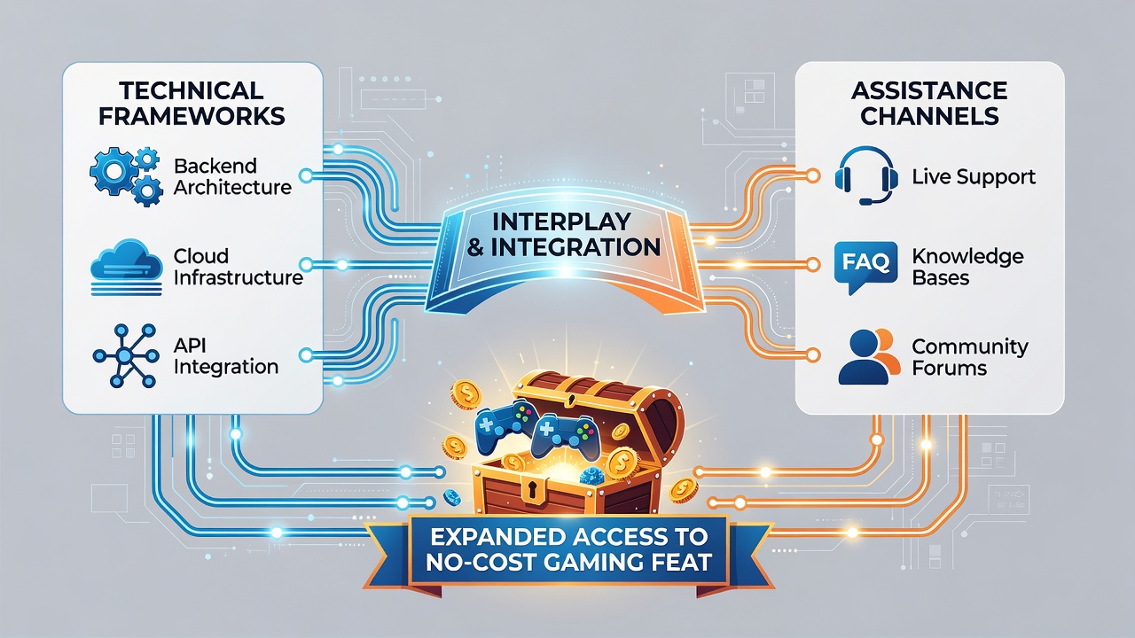 Diagram showing support channels linked to technical frameworks for user assistance in free gaming environments