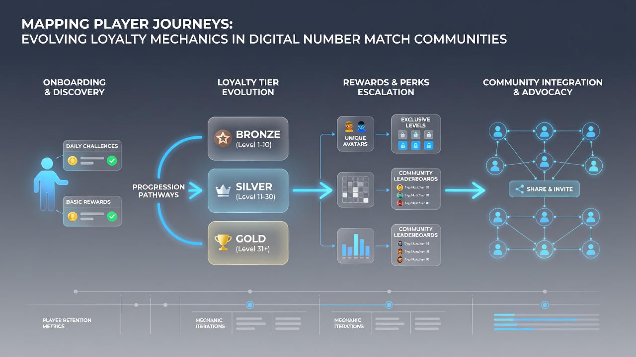 Infographic illustrating loyalty mechanics evolution and player retention data in number match digital communities