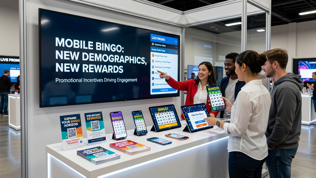 Diverse group of players using mobile devices for bingo in various settings