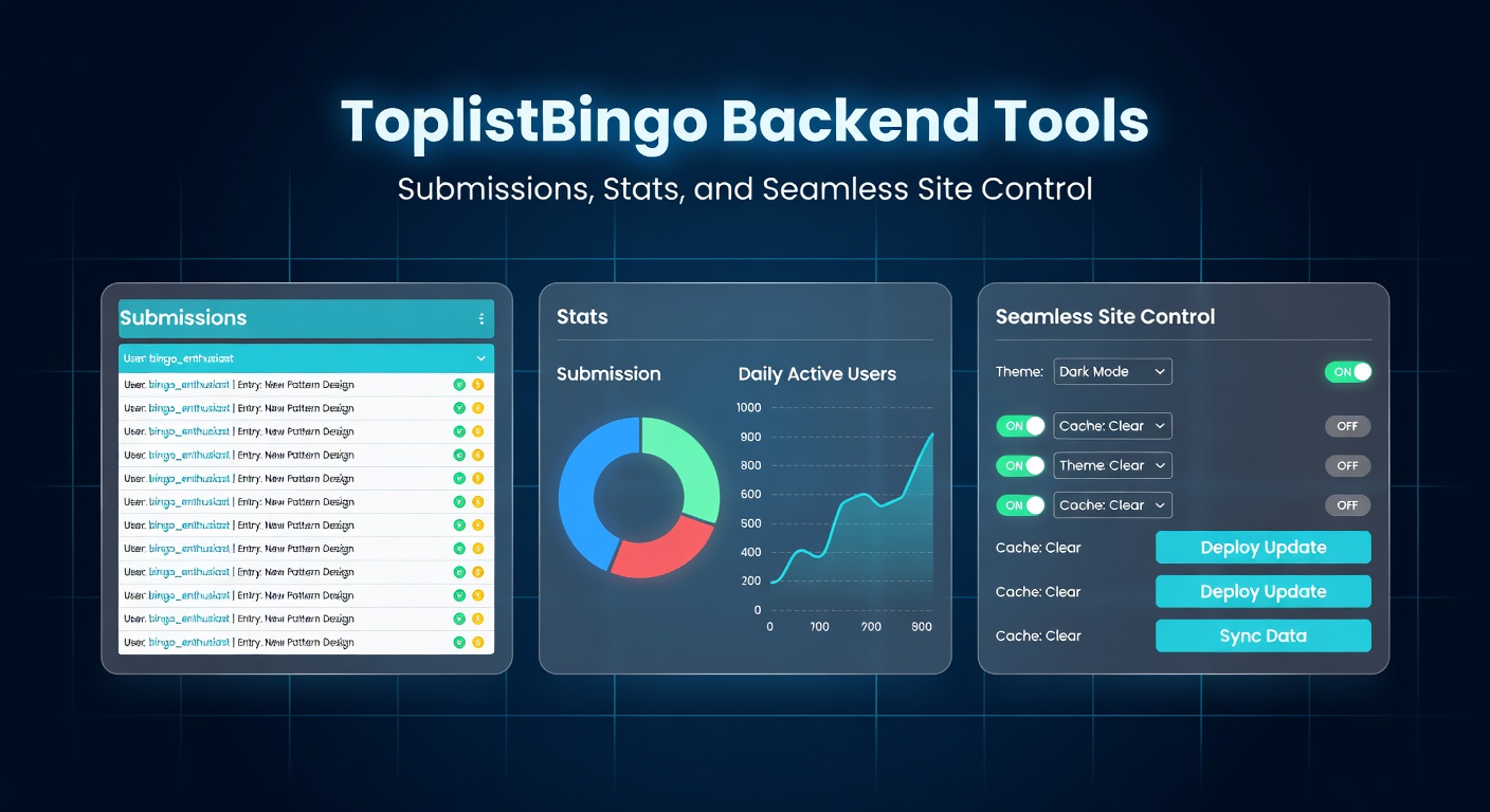 Dashboard view of ToplistBingo backend interface showing submissions queue and stats overview