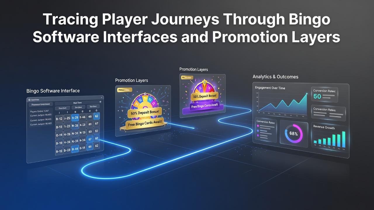 Bingo software dashboard showing player navigation paths across interface elements and promotional overlays