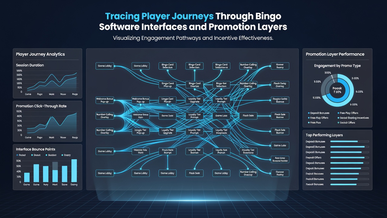 Analytics visualization of player flow through bingo promotion layers with journey mapping overlays