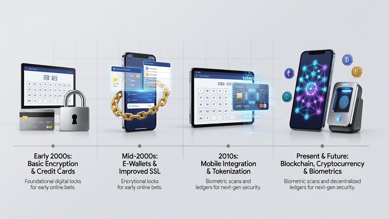 Timeline graphic showing progression of payment technologies from credit cards to digital wallets in online gaming environments